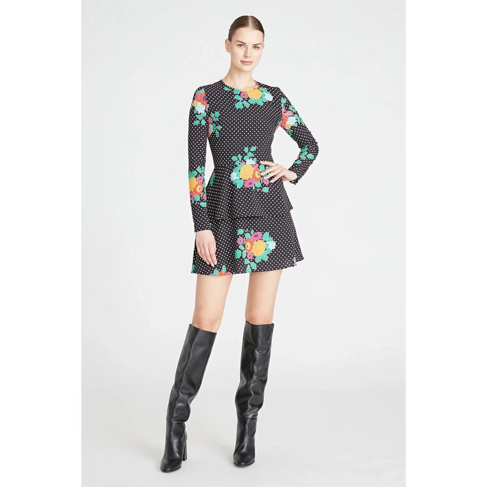NWT AMUR Dalilah Tier Mini Floral Dress Size 4 Black Polk Dot #C2406
